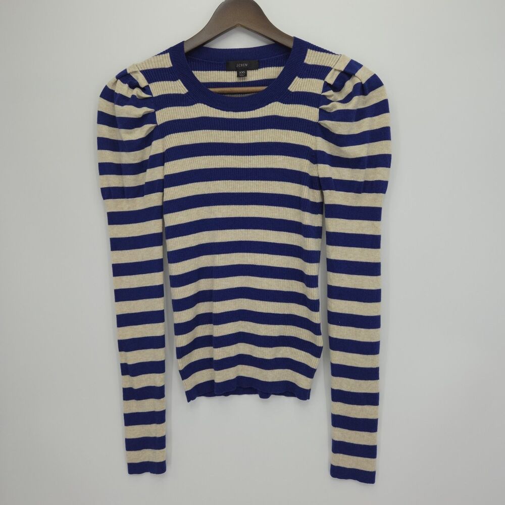 J Crew Puff Sleeve Ribbed Silk Blend Sweater Stripe Blue Beige Size XXS